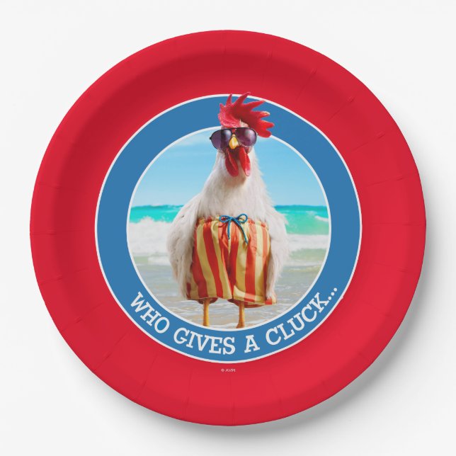 Rooster Dude Chillin' at Beach in Swim Trunks Paper Plate (Front)