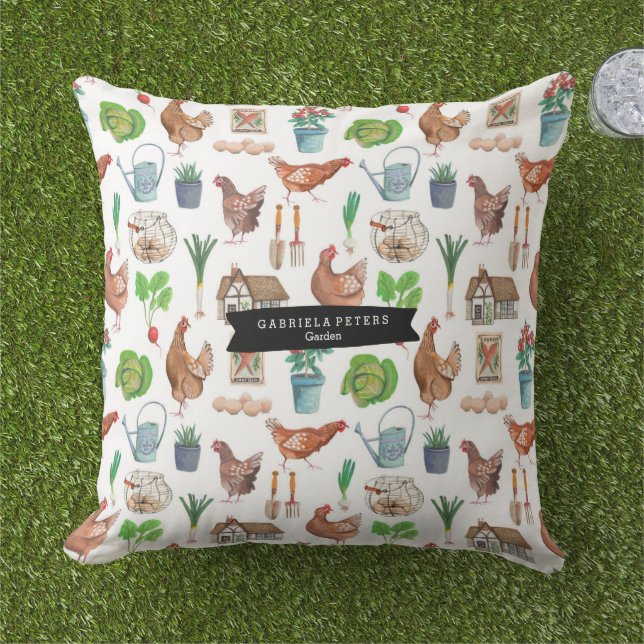 Rooster farm gardening pattern cushion (Grass)