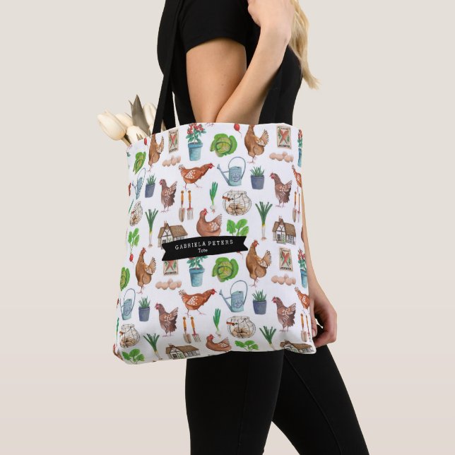 Rooster farm gardening pattern tote bag (Close Up)