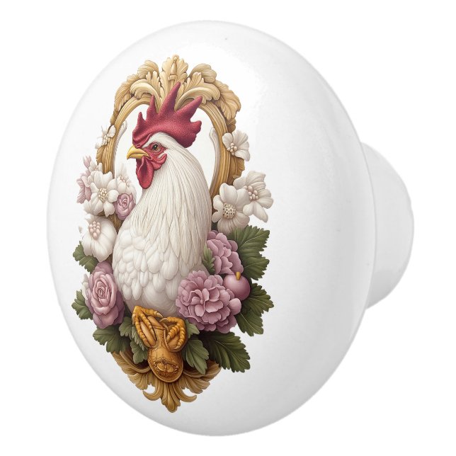 Rooster & Flowers Heraldic Crest Ceramic Knob (Right)
