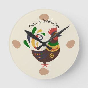 "Rooster" Folk Art Style Round Clock