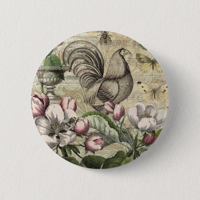Rooster Garden Flower Butterfly Art 6 Cm Round Badge (Front)