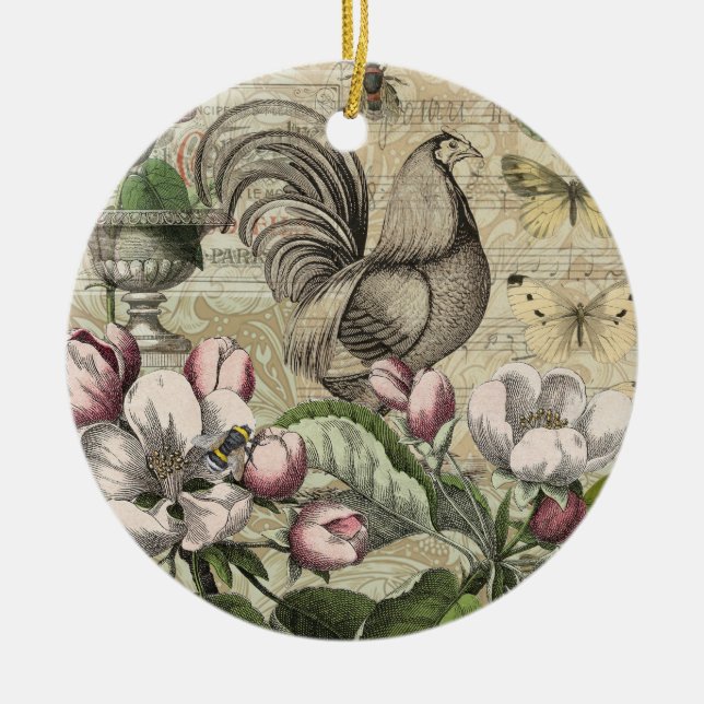 Rooster Garden Flower Butterfly Art Ceramic Tree Decoration (Front)