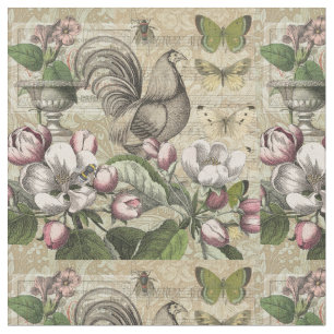 Rooster Garden Flower Butterfly Art Fabric