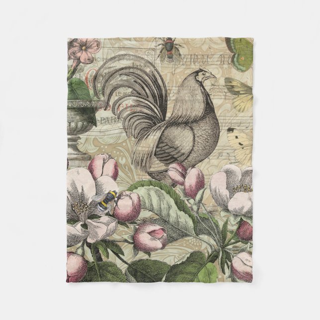 Rooster Garden Flower Butterfly Art Fleece Blanket (Front)