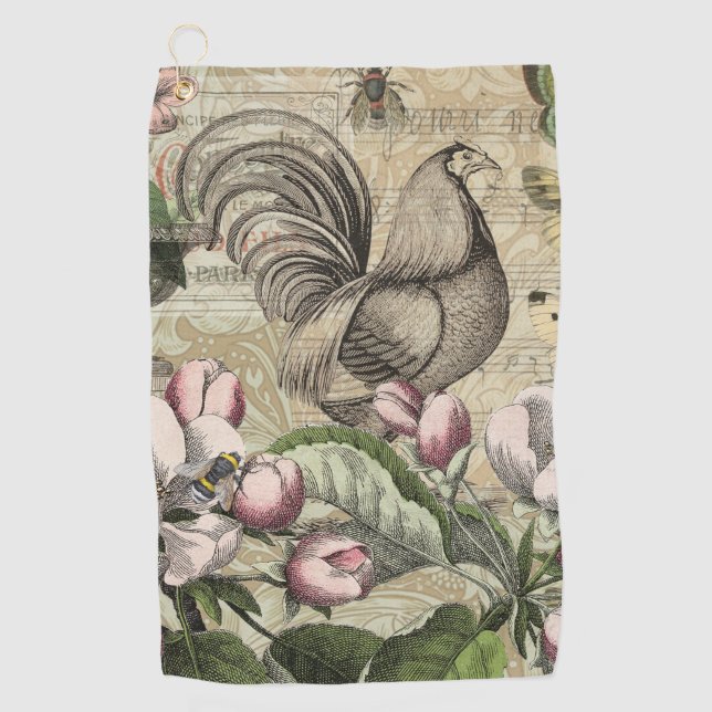 Rooster Garden Flower Butterfly Art Golf Towel (Front)