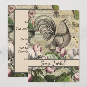 Rooster Garden Flower Butterfly Art Invitation