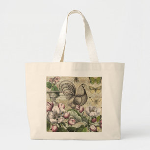 Rooster Garden Flower Butterfly Art Large Tote Bag