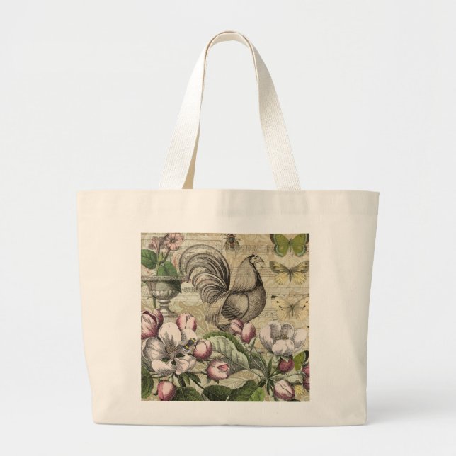 Rooster Garden Flower Butterfly Art Large Tote Bag (Front)