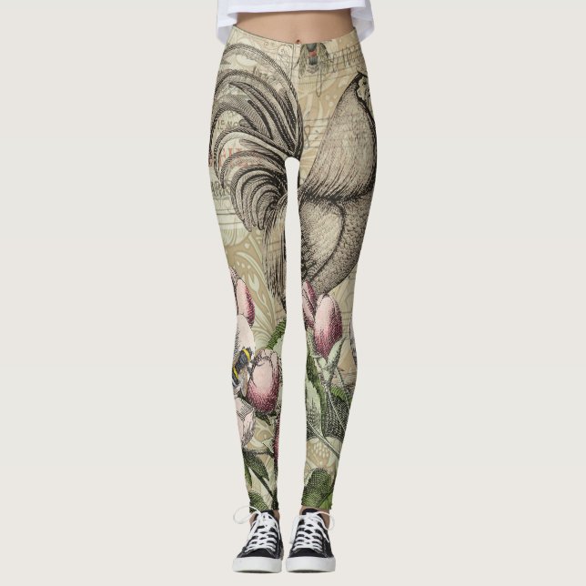 Rooster Garden Flower Butterfly Art Leggings (Front)