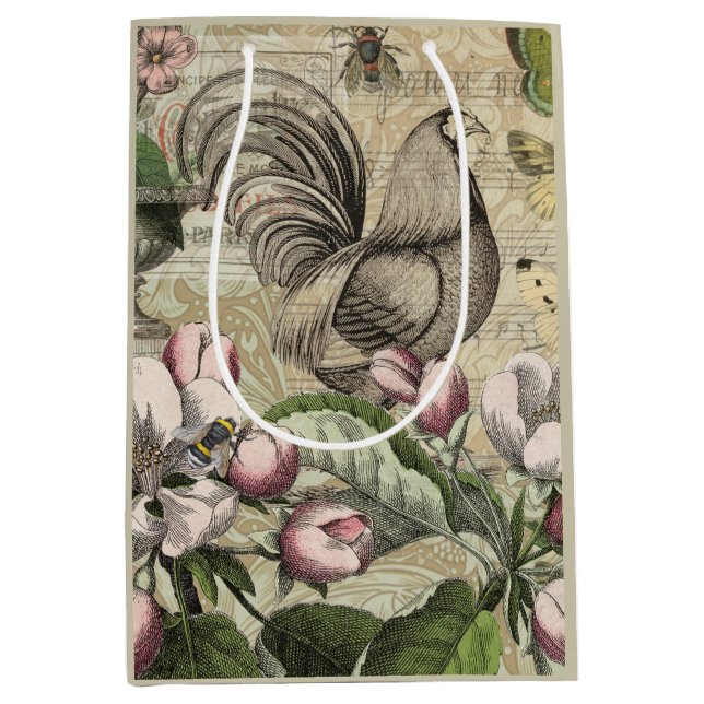 Rooster Garden Flower Butterfly Art Medium Gift Bag (Front)