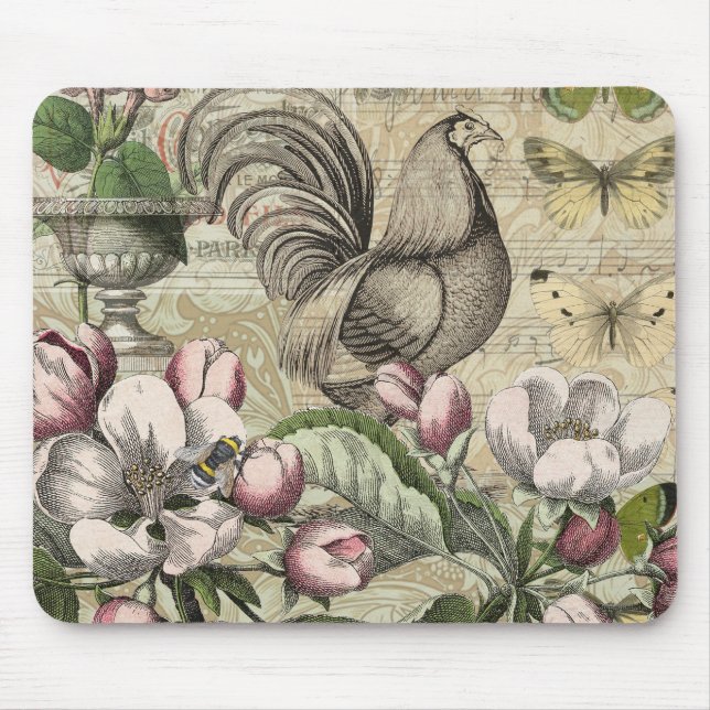 Rooster Garden Flower Butterfly Art Mouse Mat (Front)