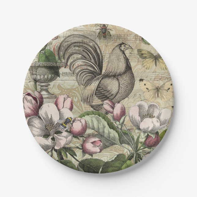 Rooster Garden Flower Butterfly Art Paper Plate (Front)