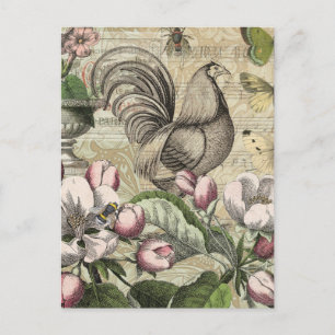 Rooster Garden Flower Butterfly Art Postcard