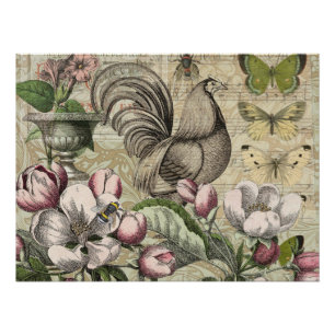 Rooster Garden Flower Butterfly Art Poster