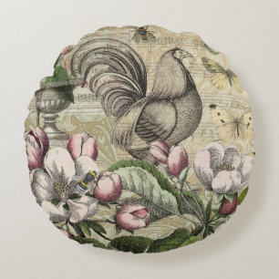 Rooster Garden Flower Butterfly Art Round Cushion