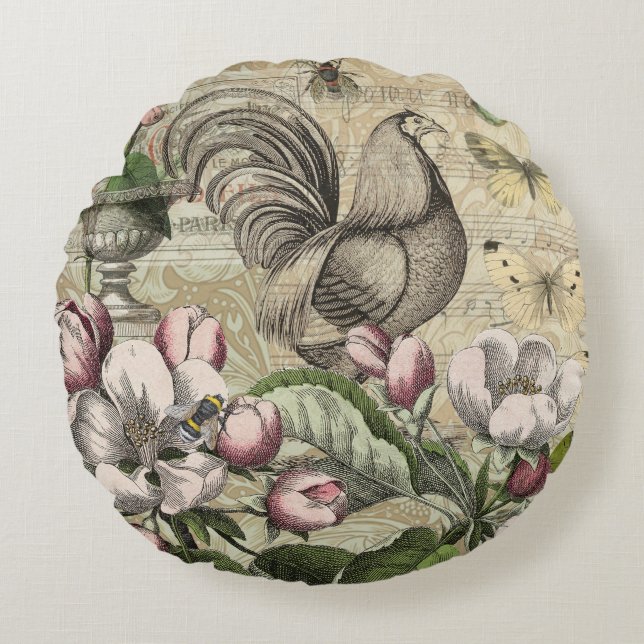 Rooster Garden Flower Butterfly Art Round Cushion (Front)