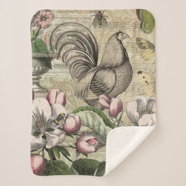 Rooster Garden Flower Butterfly Art Sherpa Blanket (Front)