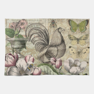 Rooster Garden Flower Butterfly Art Tea Towel