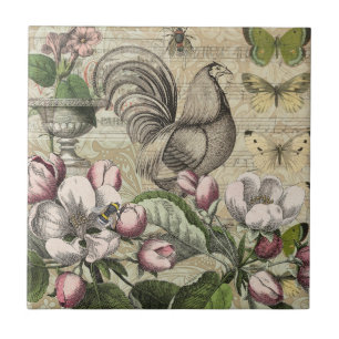 Rooster Garden Flower Butterfly Art Tile