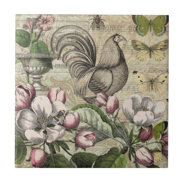 Rooster Garden Flower Butterfly Art Tile (Front)