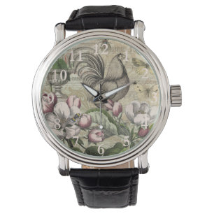 Rooster Garden Flower Butterfly Art Watch