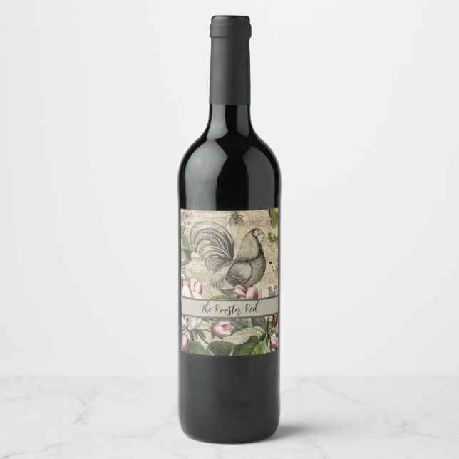 Rooster Garden Flower Butterfly Art Wine Label (Front)