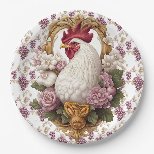 Rooster & Grapes Heraldic Crest Paper Plate (Front)