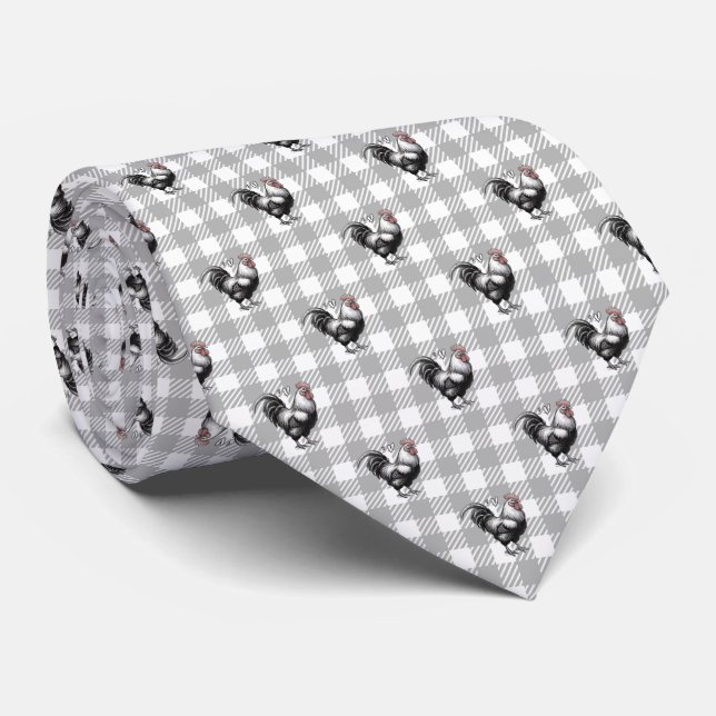 Rooster Grey Plaid Tie (Rolled)