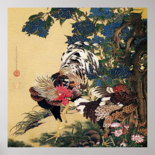 Rooster Hen and Hydrangea by Ito Jakuchu Poster