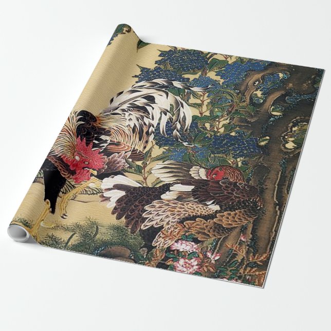 Rooster Hen and Hydrangea by Ito Jakuchu Wrapping Paper (Unrolled)