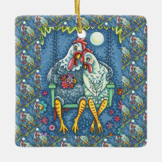 ROOSTER HEN CANOODLES, CUTE CHICKEN SWEETHEARTS CERAMIC ORNAMENT (Front)