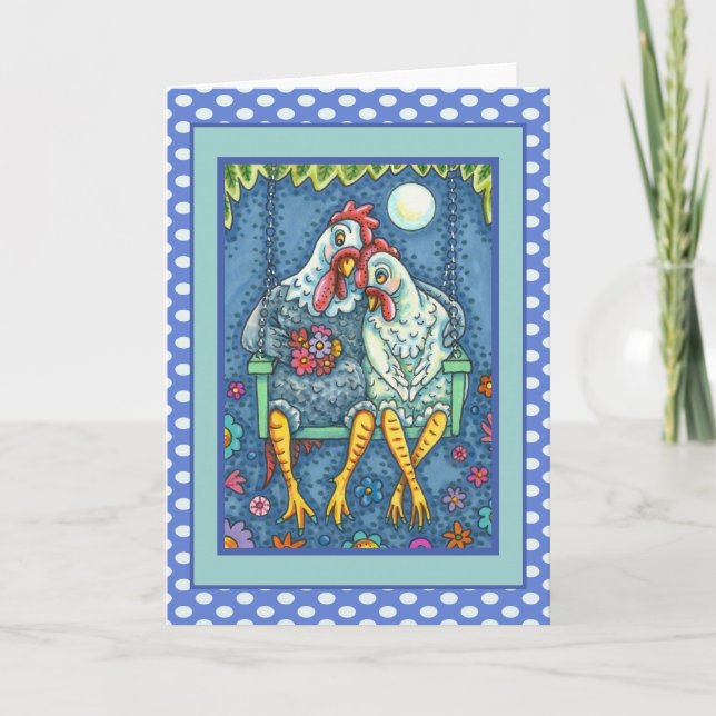 ROOSTER HEN CANOODLES, CUTE CHICKEN SWEETHEARTS HOLIDAY CARD (Front)
