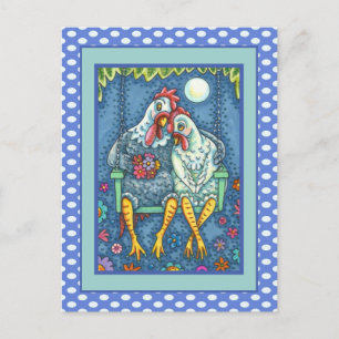 ROOSTER HEN CANOODLES, CUTE CHICKEN SWEETHEARTS HOLIDAY POSTCARD