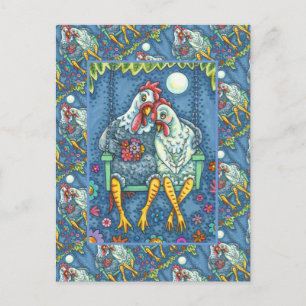 ROOSTER HEN CANOODLES, CUTE CHICKEN SWEETHEARTS HOLIDAY POSTCARD