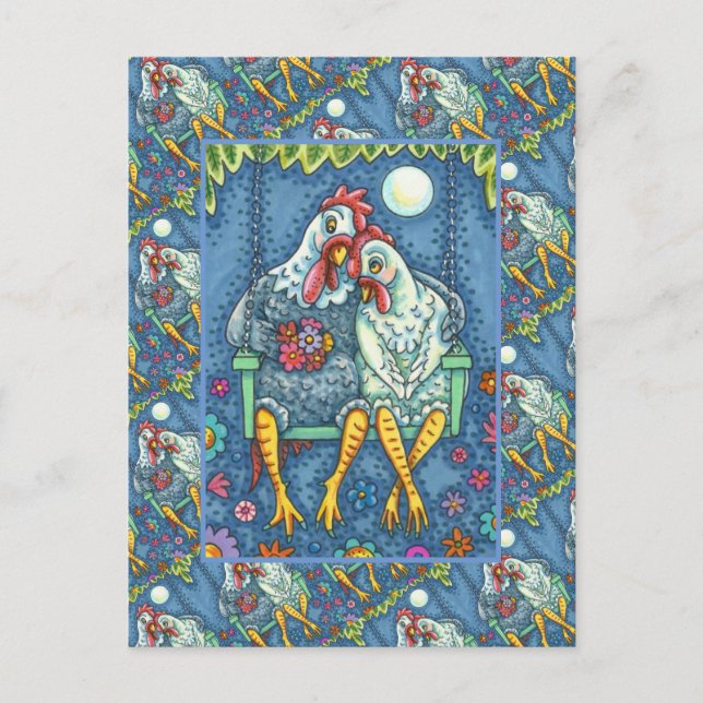 ROOSTER HEN CANOODLES, CUTE CHICKEN SWEETHEARTS HOLIDAY POSTCARD (Front)