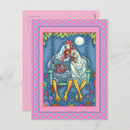 ROOSTER HEN CANOODLES, CUTE CHICKEN SWEETHEARTS HOLIDAY POSTCARD