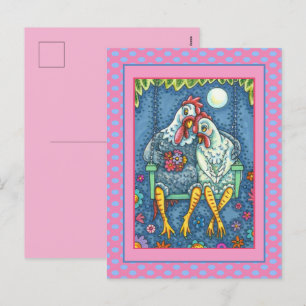 ROOSTER HEN CANOODLES, CUTE CHICKEN SWEETHEARTS HOLIDAY POSTCARD