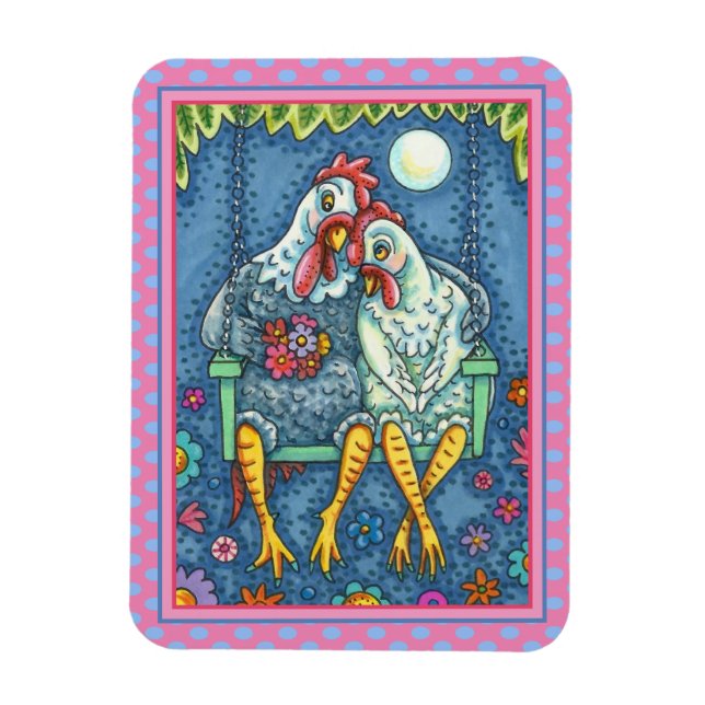 ROOSTER HEN CANOODLES, CUTE CHICKEN SWEETHEARTS MAGNET (Vertical)