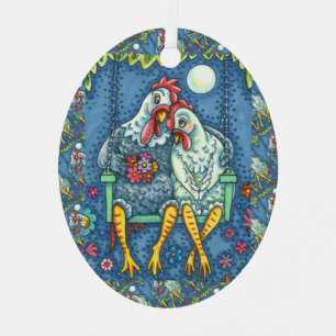 ROOSTER HEN CANOODLES, CUTE CHICKEN SWEETHEARTS METAL TREE DECORATION