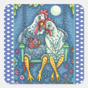 ROOSTER HEN CANOODLES, CUTE CHICKEN SWEETHEARTS SQUARE STICKER