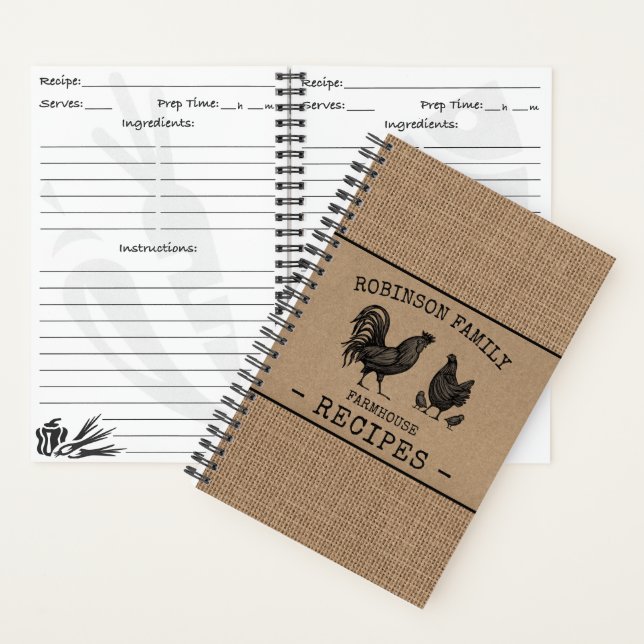 Rooster Hen Family Farmhouse Burlap Kraft Recipe Notebook (Inside)