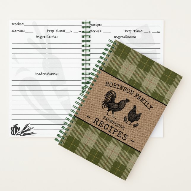 Rooster Hen Family Farmhouse Sage Plaid Recipe Notebook (Inside)