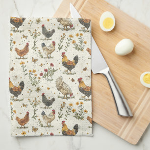 Rooster hens farmhouse beige retro tea towel