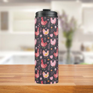 Rooster hens farmhouse black red pink thermal tumbler