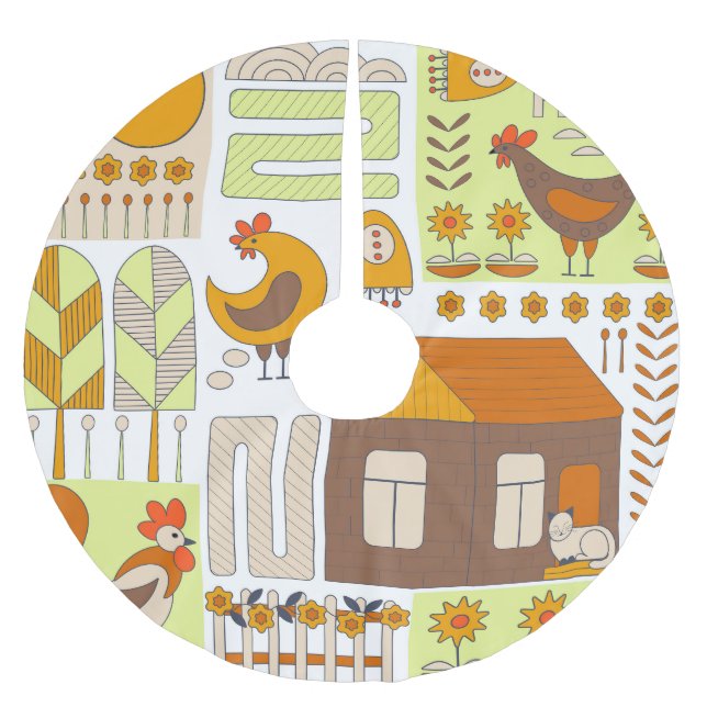 Rooster, hens, geometric floral drawing. brushed polyester tree skirt (Front)