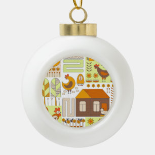 Rooster, hens, geometric floral drawing. ceramic ball christmas ornament