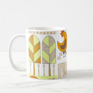 Rooster, hens, geometric floral drawing. coffee mug