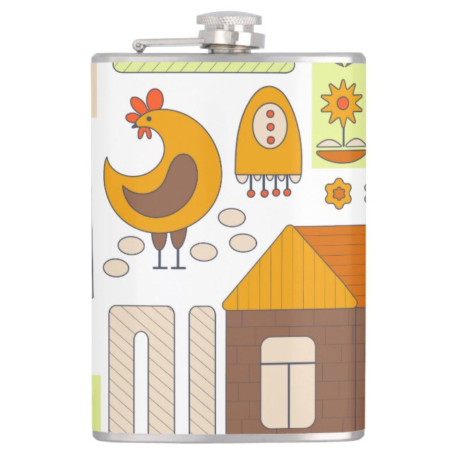 Rooster, hens, geometric floral drawing. hip flask (Front)