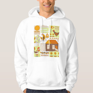 Rooster, hens, geometric floral drawing. hoodie